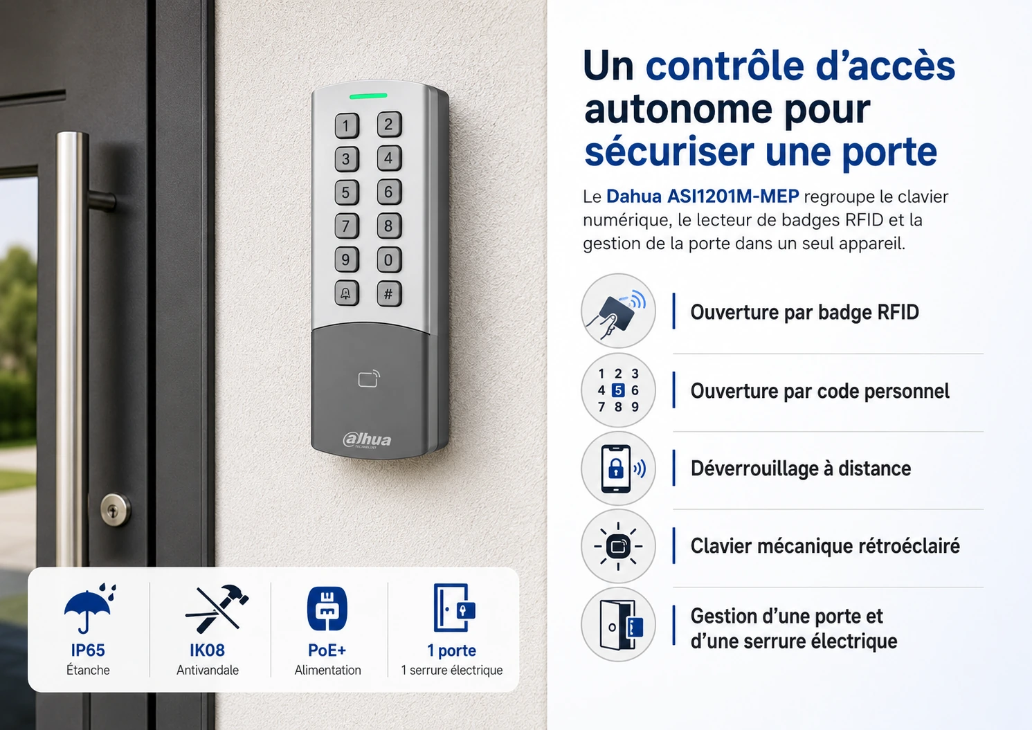 Contrôle d’accès Dahua ASI1201M-MEP avec clavier à code et lecteur de badge RFID