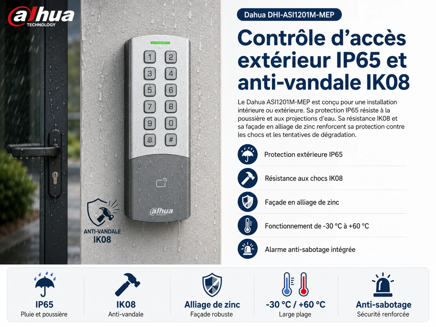 Contrôle d’accès Dahua extérieur protégé IP65 et résistant aux chocs IK08