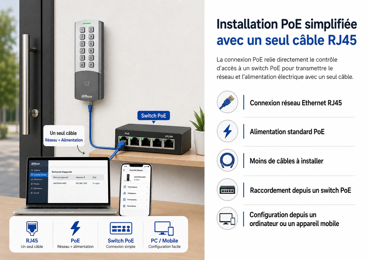 Connecteurs arrière du contrôle d’accès Dahua ASI1201M-MEP pour raccordement PoE et serrure