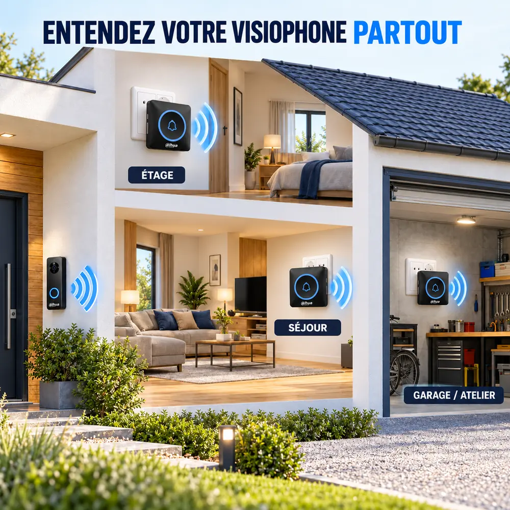 Carillons sans fil Dahua DH-DS3BB installés à l’étage, dans le séjour et le garage