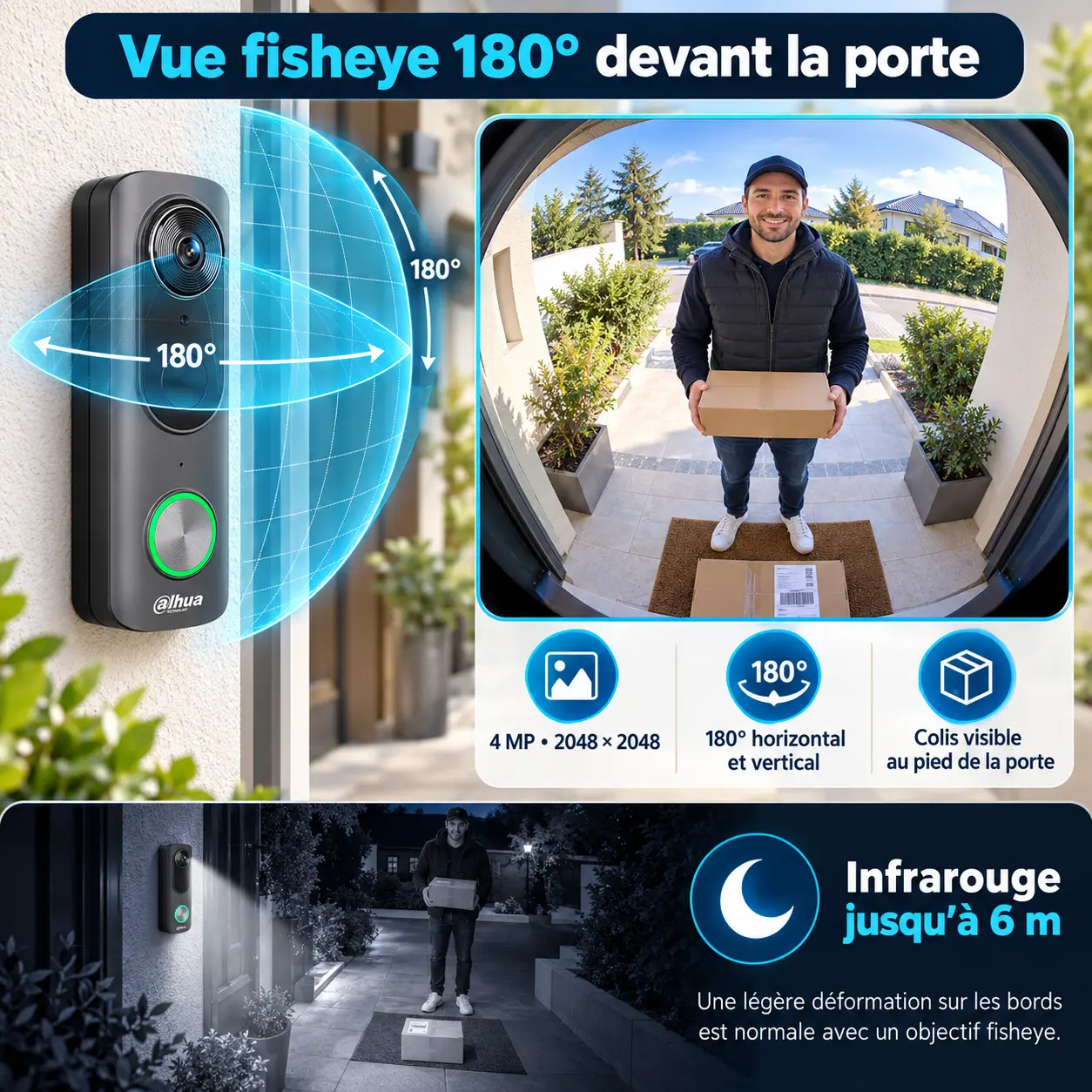 Visiophone sans fil Dahua 4 MP avec vue fisheye 180 degrés et vision nocturne 6 m
