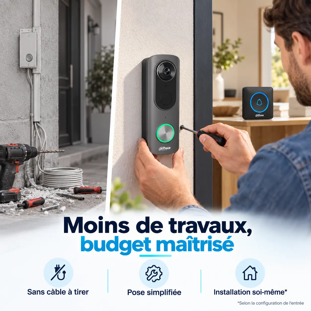 Visiophone sans fil Dahua installé sans tirage de câble pour limiter les travaux
